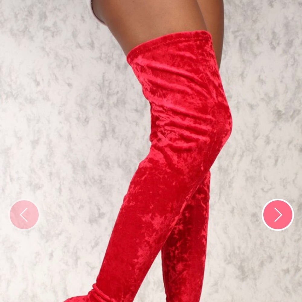 Va-va-voom! Red, crushed velvet, thigh high boots.